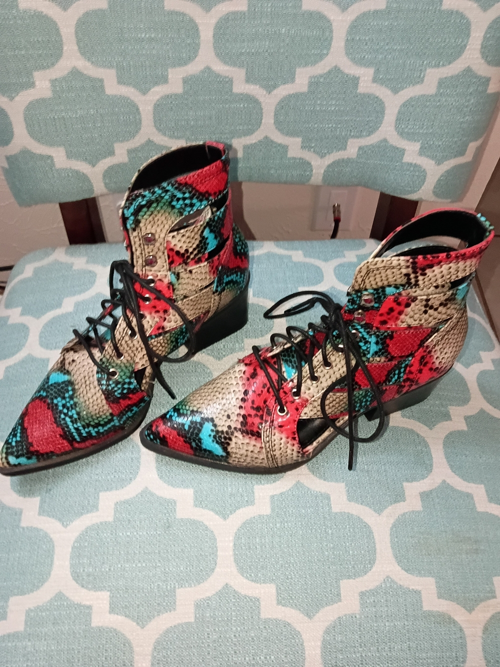 Women's Multicolor Snakeskin Lace-Up Ankle Boots